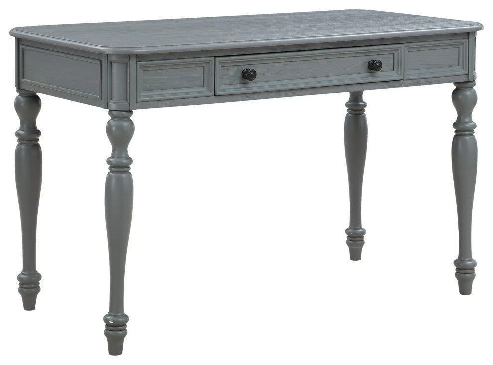 Traditional Desk, Turned Legs & Large Drawer With Framed Accent, Plantation Gray