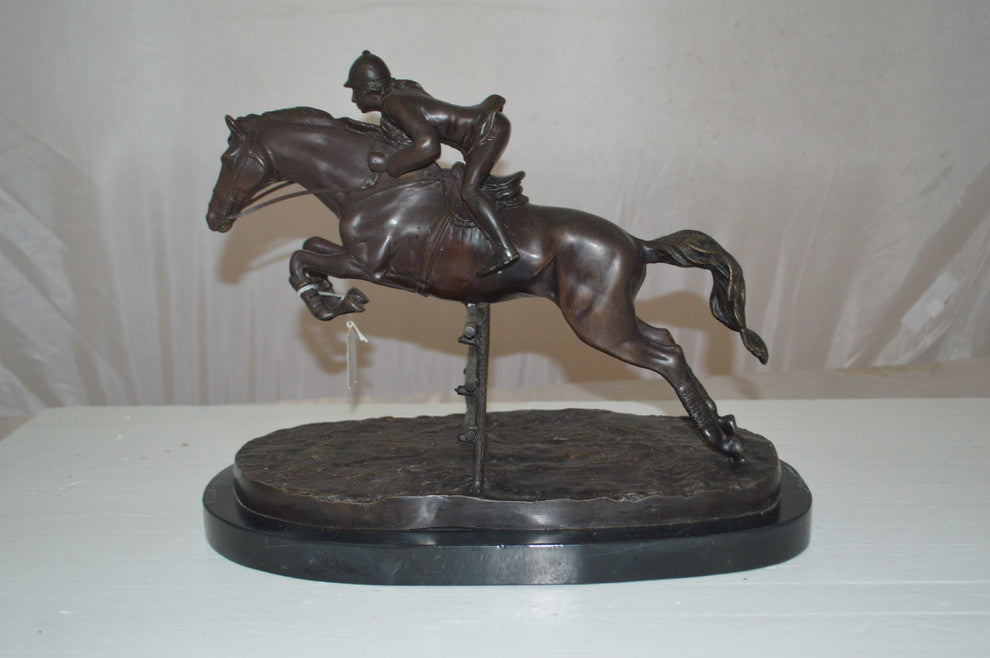 Jockey With Horse Jumping Over Hurdle Bronze Statue -  Size: 14"L x 9"W x 13"H