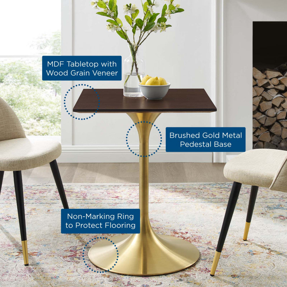 Dining Table, Square, Wood, Gold Dark Brown Brown Walnut, Cafe Bistro Restaurant