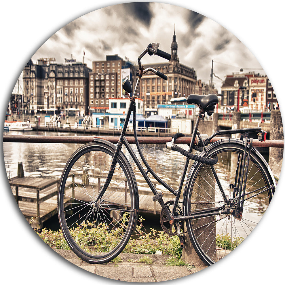 Bike Over Bridge In Amsterdam, Cityscape Photo Round Metal Artwork, 36"