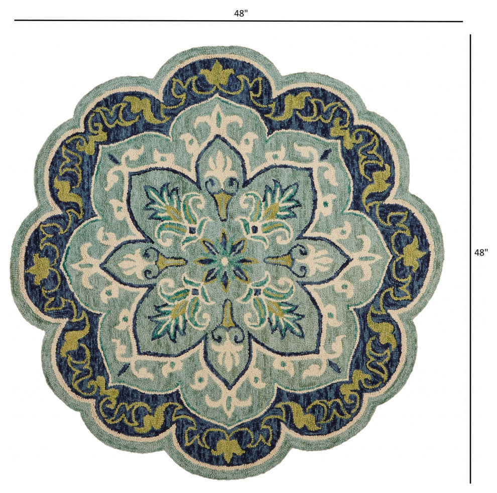 4' Round Blue Ornate Medallion Area Rug
