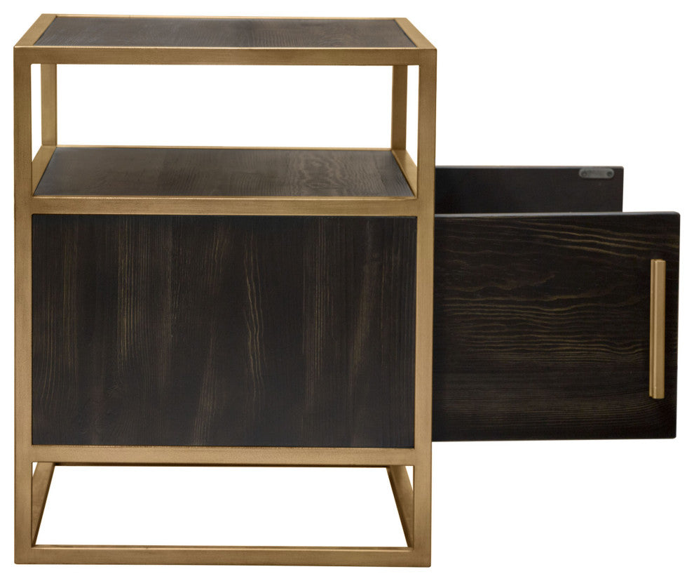 Empire 2-Door End Table, Dark Brown Veneer With Hand brushed Gold Metal Frame