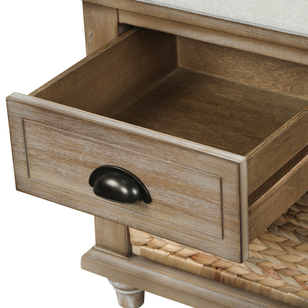 TATEUS 42" Rustic Storage Bench With 3 Drawers and 3 Rattan Baskets, White Washed