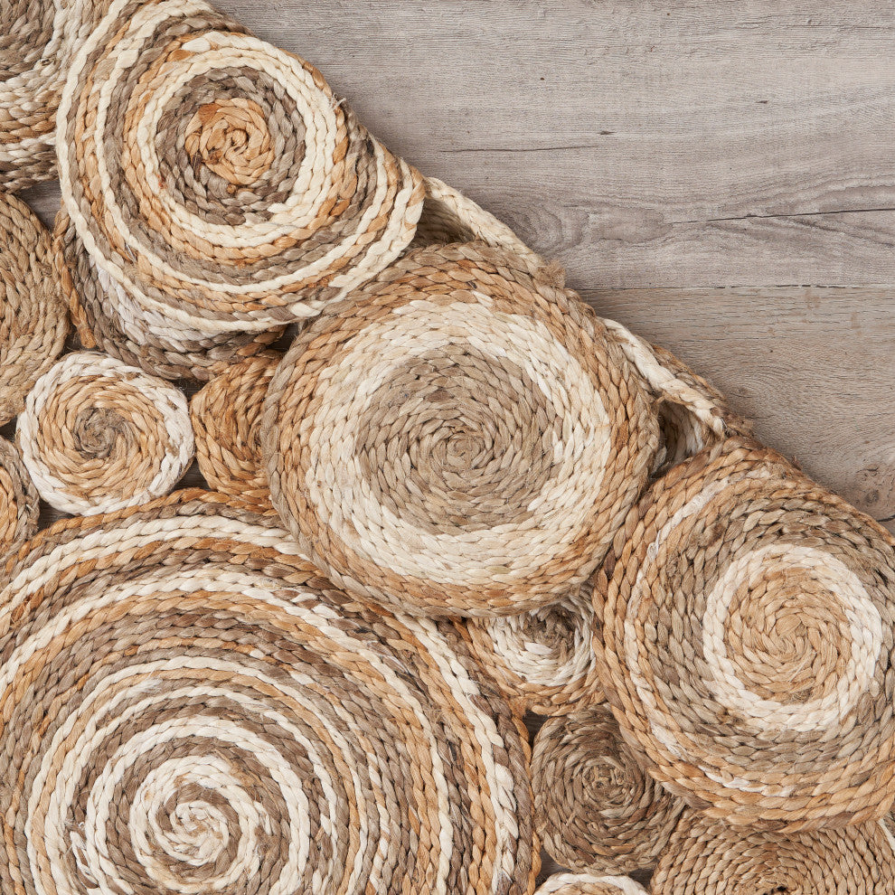 Multi-toned Intricate Circle Organic Jute Area Rug, 7'6" Round