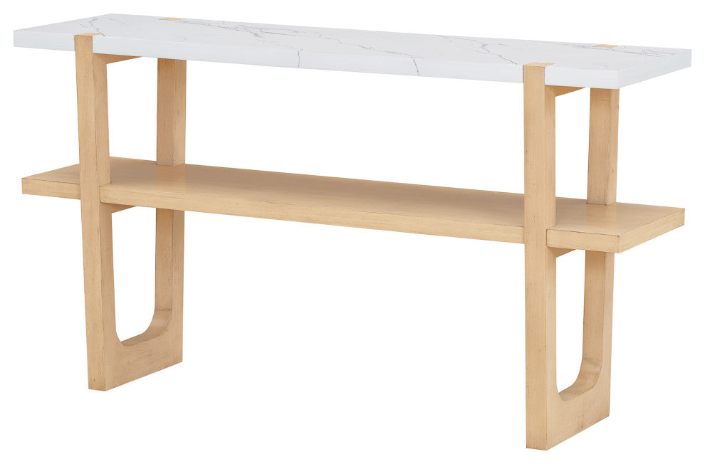 TATEUS Narrow Console Table with Marble-Effect Top for Entryway and Living Room, Natural
