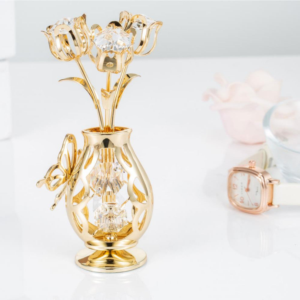 Matashi 24K Gold Plated Flower Ornament in Vase w Crystals Decorative Butterfly