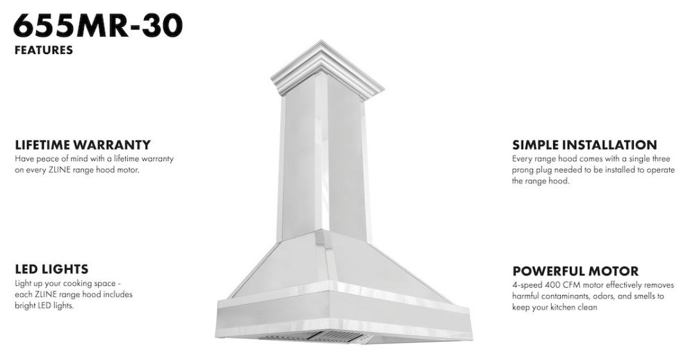 ZLINE Convertible Vent Wall Mount Range Hood in DuraSnow with Mirror Accents