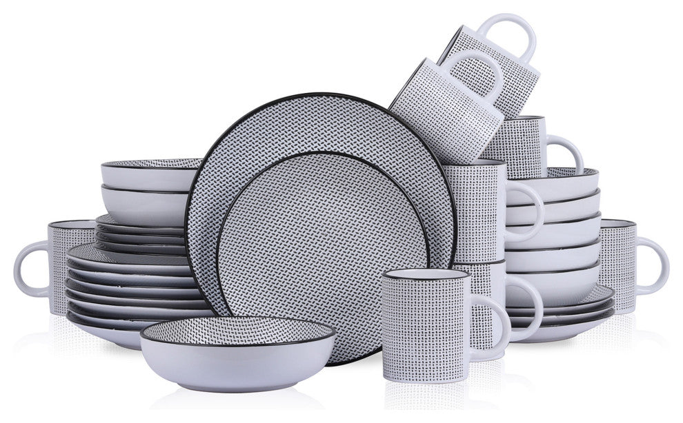 Stone Lain Daisy Stoneware 32 Piece Dinnerware Set, White and Black