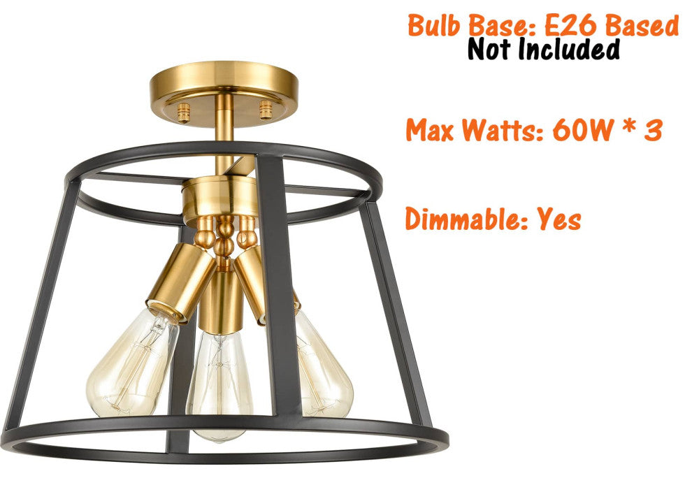 Modern 3-Light Semi Flush Mount Ceiling Light Brass and Black