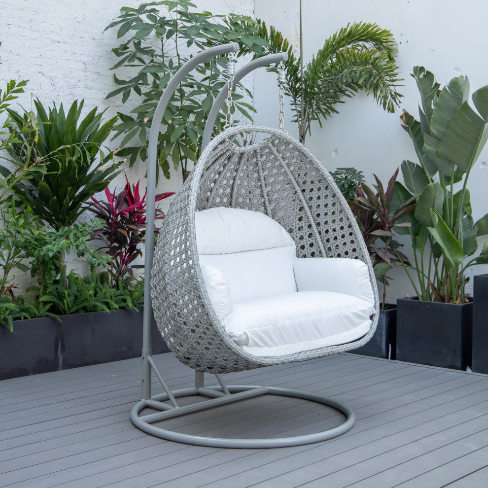 LeisureMod Mendoza Light Gray Wicker Hanging Double Egg Swing Chair, White