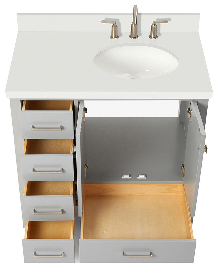 ARIEL Cambridge 37" Right Offset Oval Sink Bathroom Vanity Grey With Quartz Top