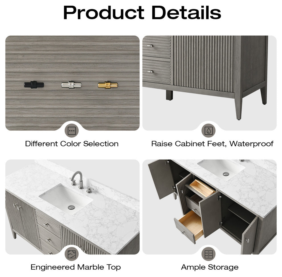 Vanity Art Freestanding Vanity, Driftwood Gray, 60", Single Sink, Golden Brushed