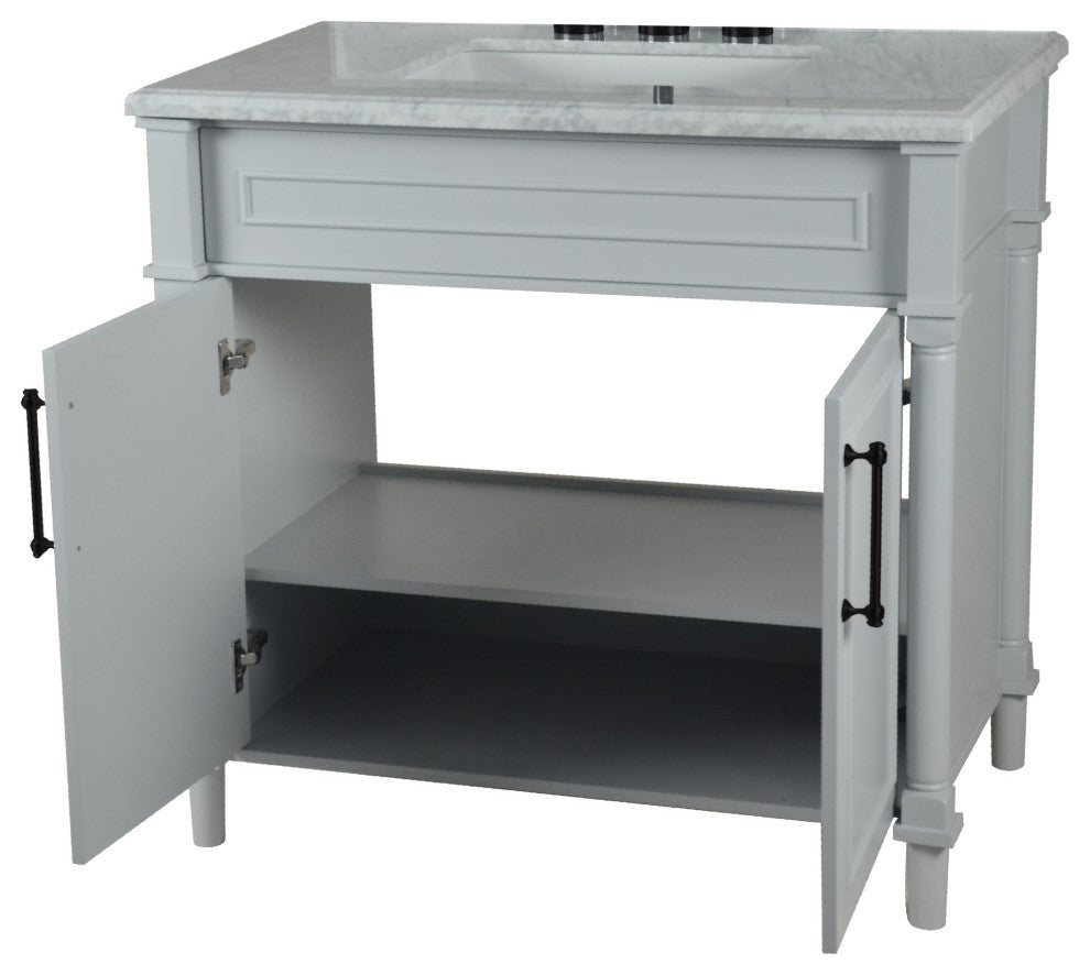 36" Single Vanity, Light Gray With White Carrara Marble Top