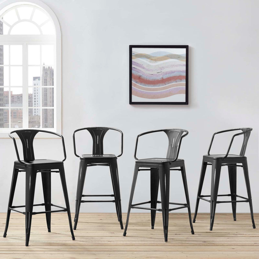 Bar Stool Chair Barstool, Set of 4, Metal, Black, Bar Pub Cafe Bistro Restaurant
