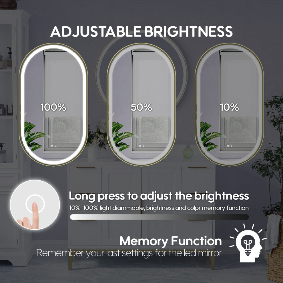 Oval LED Bathroom Vanity Mirror, Defogger and Dimmer, ETL-listed, Brushed Gold, 20"x36"