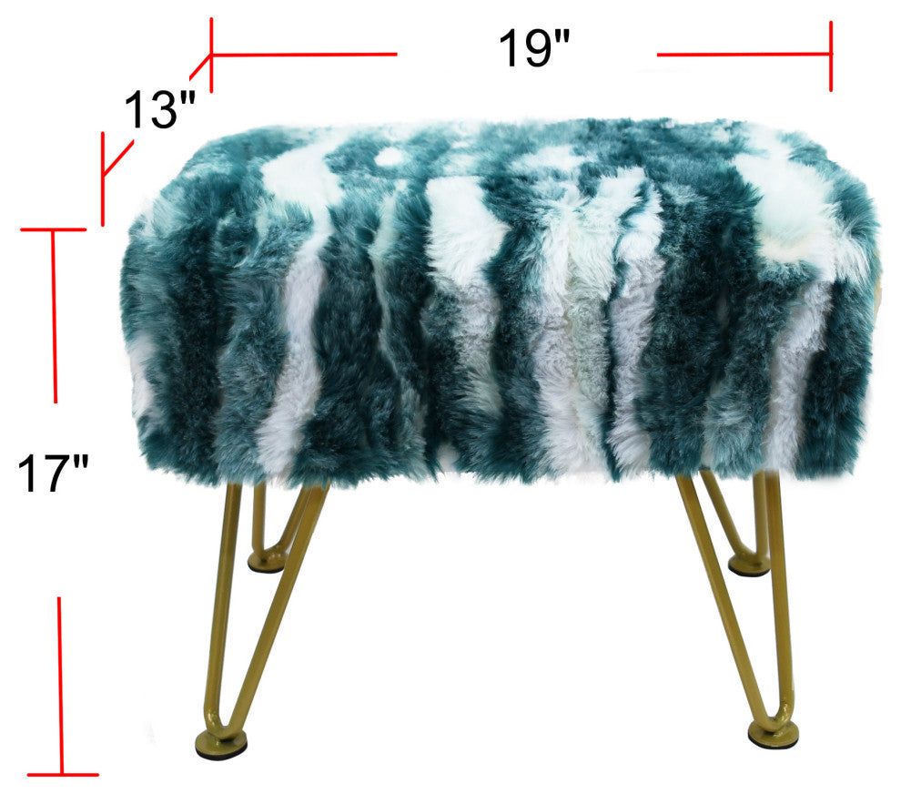 Soft Faux Fur Ottoman Fuzzy Entryway Bench Seat, Deep Teal, 19"x13"x17"