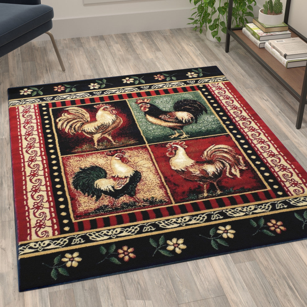 Angie Collection Rectangle 4' x 5' Red Rooster Themed Area Rug