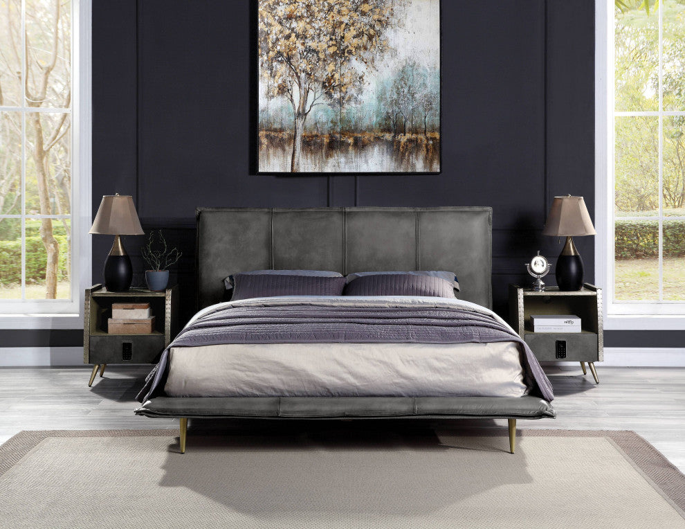 ACME Metis Eastern King Bed, Gray Top Grain Leather
