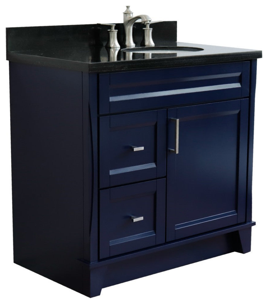 37" Single Sink Vanity, Blue Finish With Black Galaxy Granite