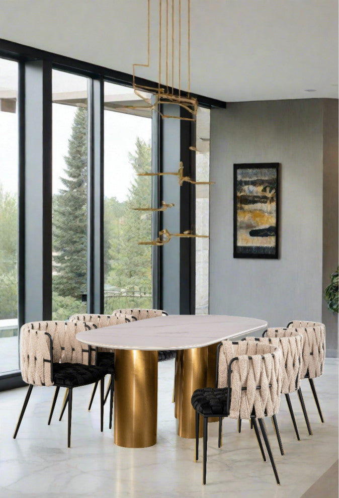 Balmain Stone Top Oval Dining Table for 6, Gold and White