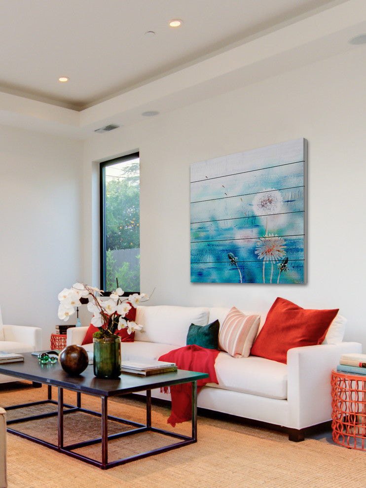 "Dandy Puffs on Bue" Painting Print on White Wood, 32"x32"