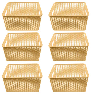 Plastic Rattan Storage Box Basket Organizer, Beige, Medium-Pack of 6