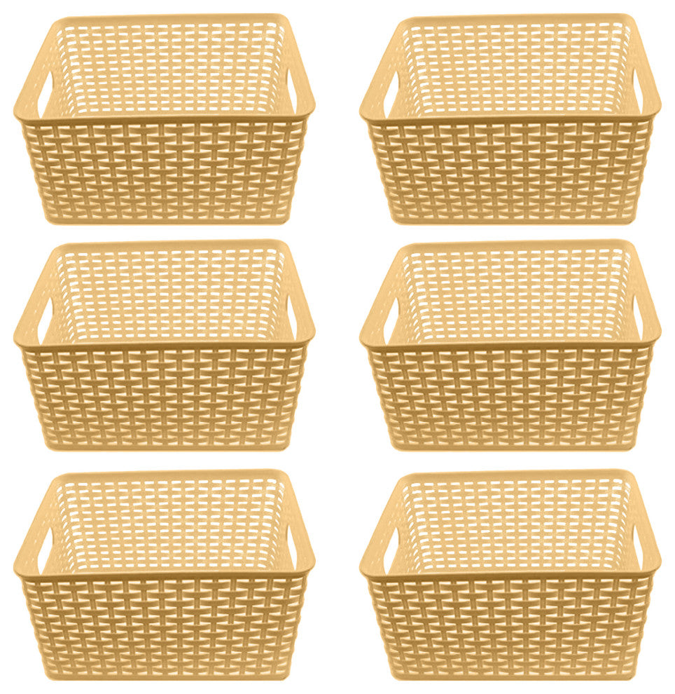 Plastic Rattan Storage Box Basket Organizer, Beige, Medium-Pack of 6