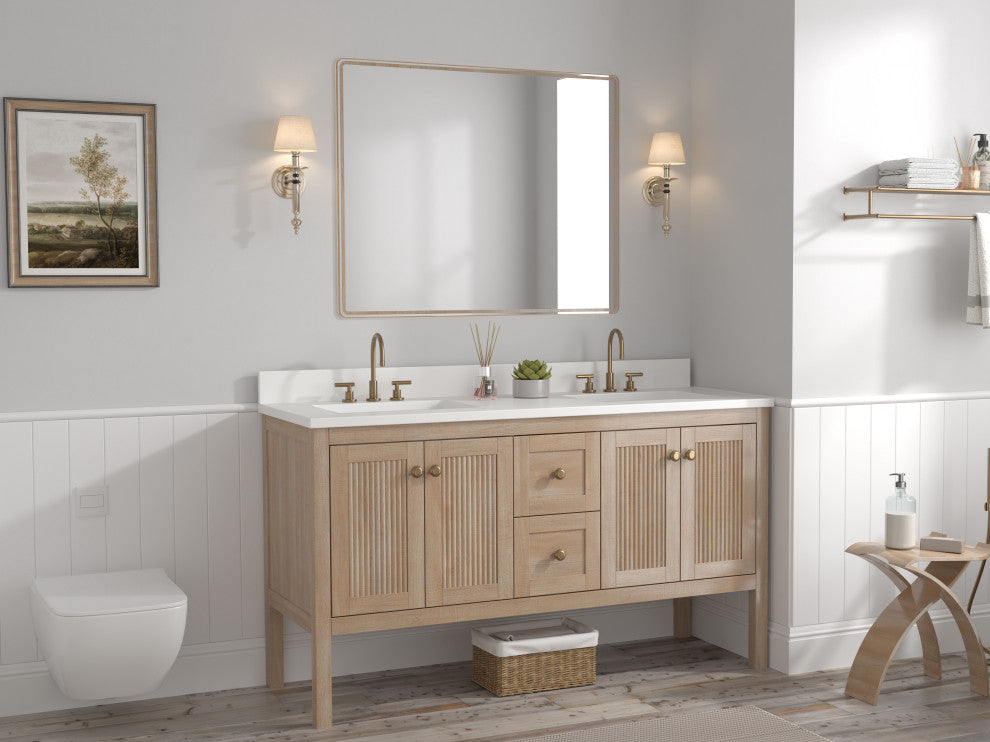 Modern Light Oak Sera Bathroom Vanity With White Quartz Top, 60" Double Sink