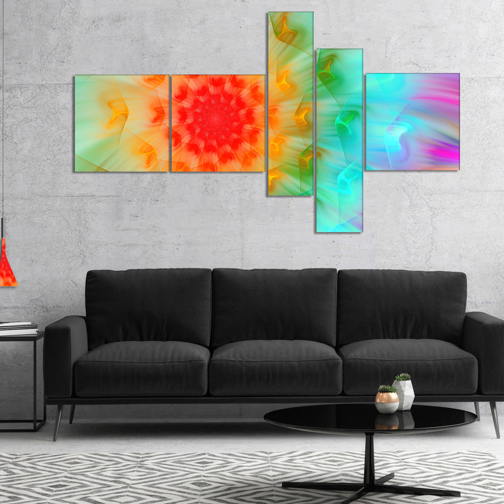 Red Fractal Petals Dandelion, Floral Canvas Art Print, 60"x32", 5 panels