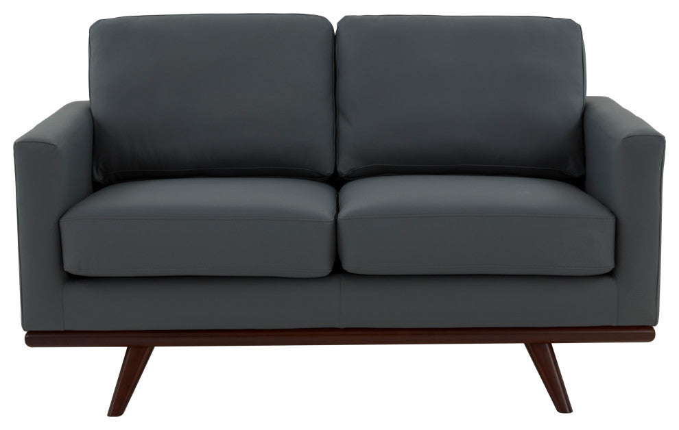 LeisureMod Chester Modern Leather Loveseat With Birch Wood Base, Gray