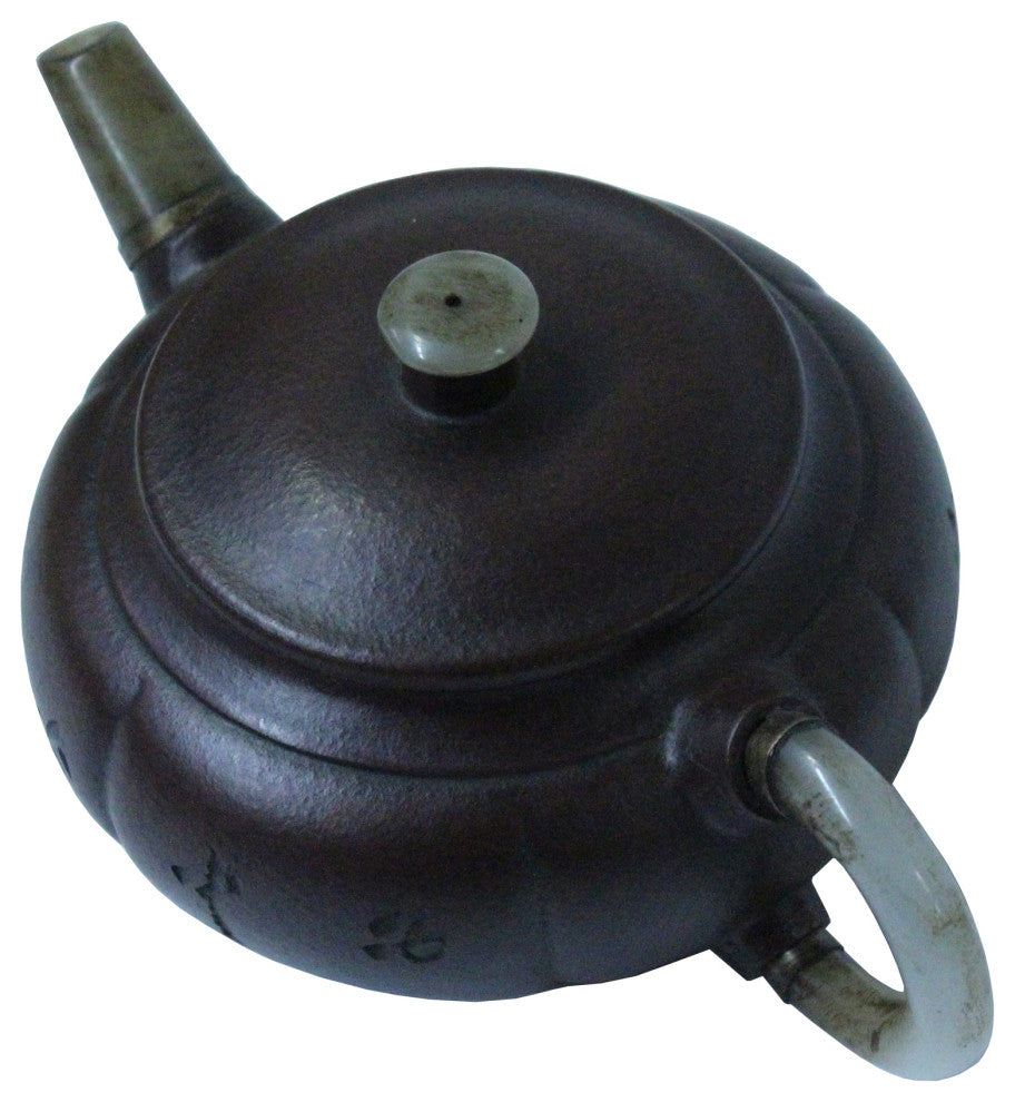 Chinese Zisha Clay Medium Brown Jade Stone Handle Teapot Display Art Hws998
