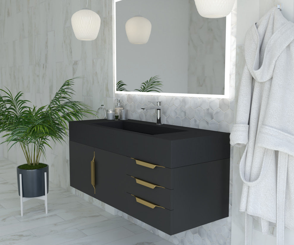 CastelloUSA Nile 48" Wall Mounted Vanity Set, Black, Black Top, Gold Handles