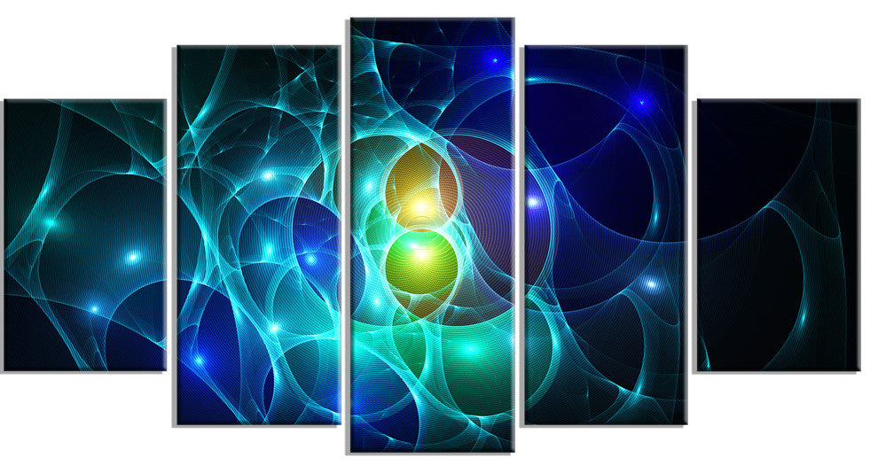 Blue Glowing Bubbles Time, Contemporary Wall Art Canvas, 60"x32", 5 Panels