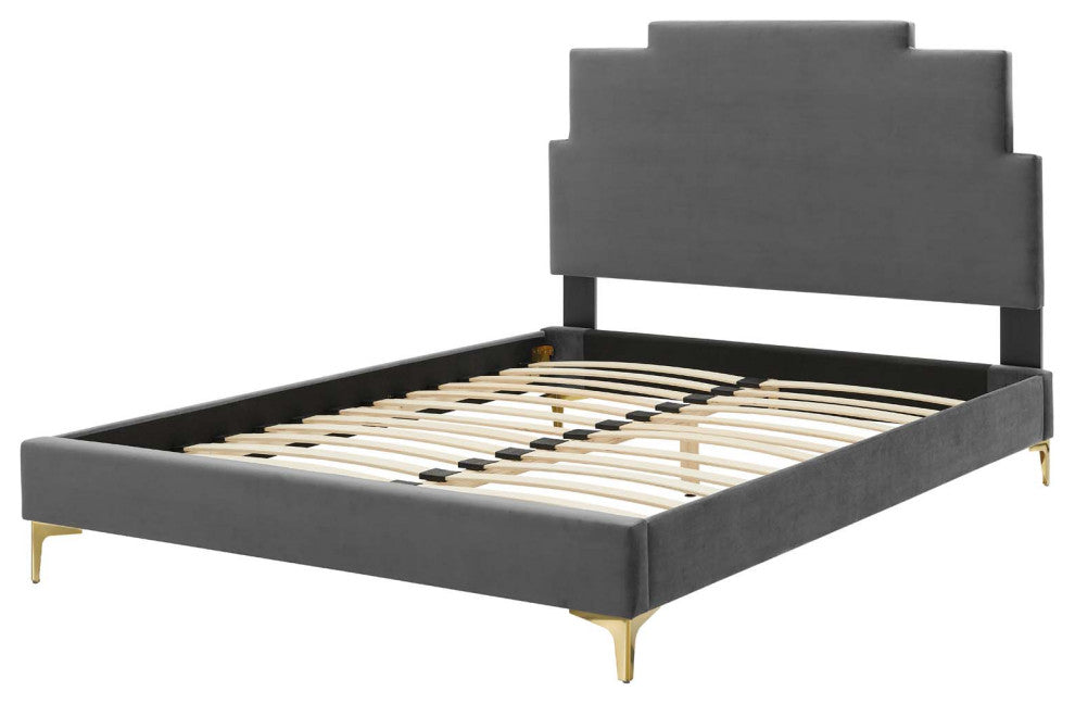 Platform Bed Frame, Full Size, Velvet, Dark Gray, Modern Contemporary