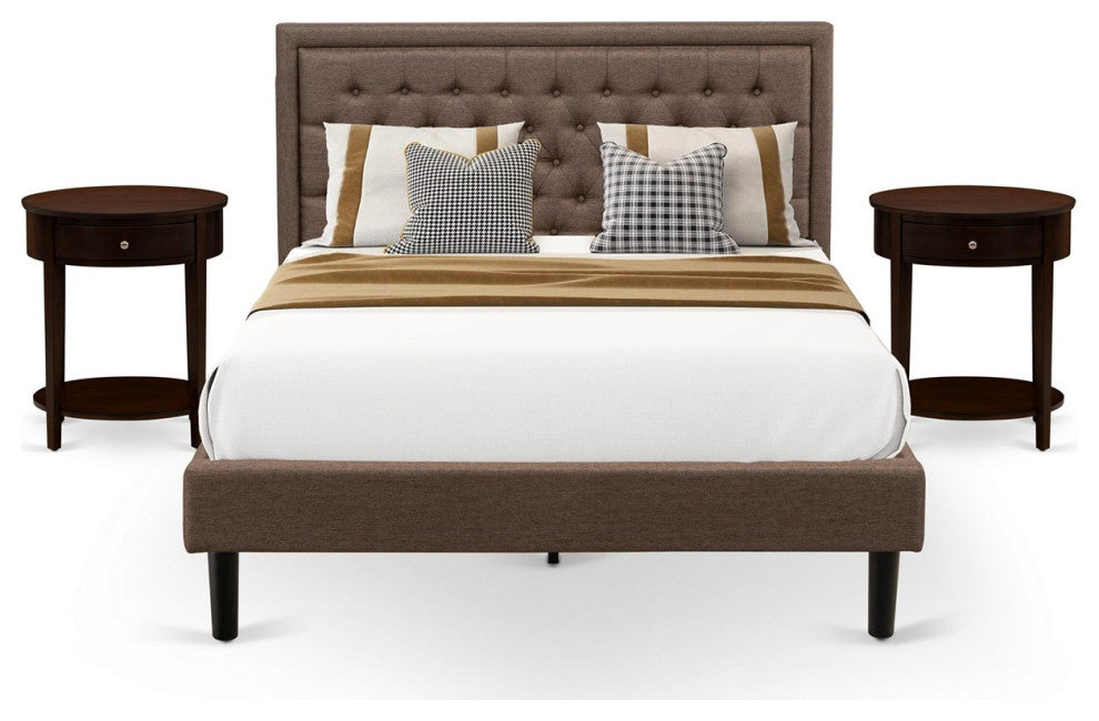 3 Pc Bed Set, 1 Bed Frame Brown, Headboard, 2 Wooden Nightstand,S Black Legs