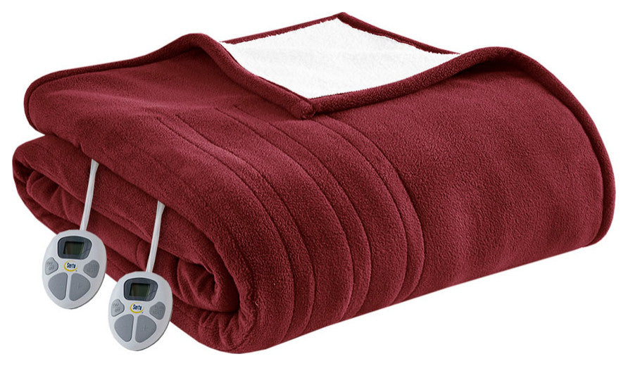 Serta Fleece to Sherpa Heated Fleece and Sherpa Bedding Blanket, Burgundy