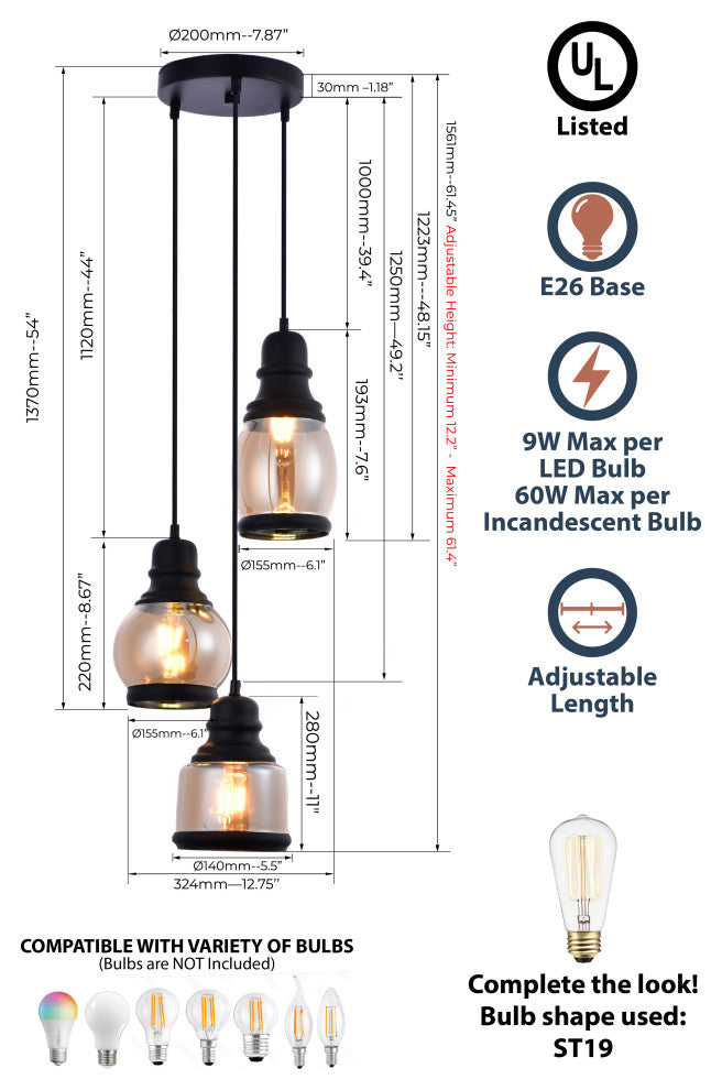 Lazzur Vaige 3 Light 13" Matte Black Pendant