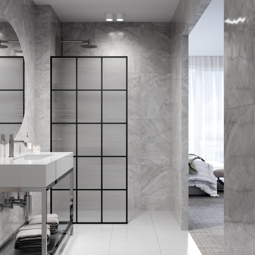 VIGO Mosaic Framed Fixed, Matte Black, Shower Screen, 34" W X 74" H, Fluted Glass