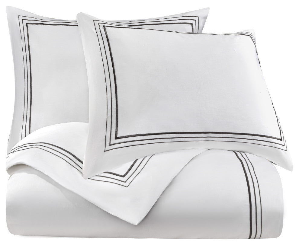 Embroidered Border Duvet Cover Set, 3 Piece, Gray, Queen