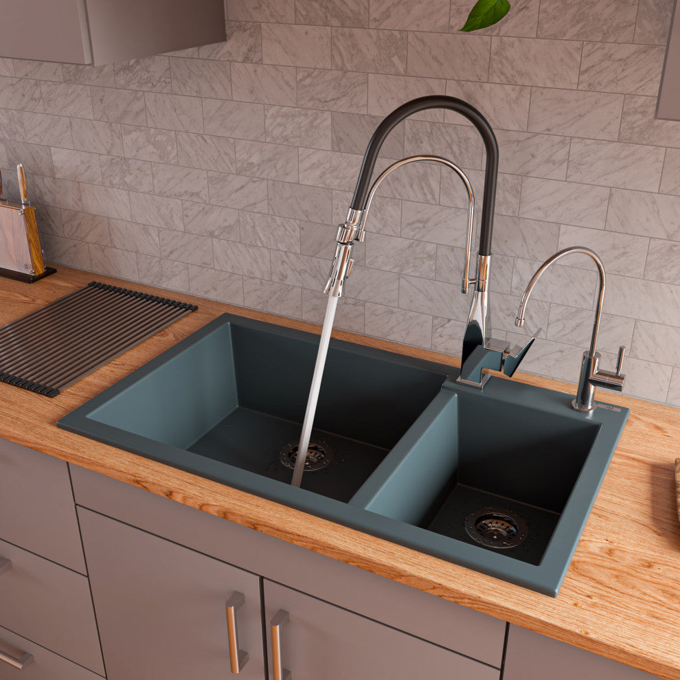 Titanium 34" Double Bowl Drop In Granite Composite Kitchen Sink