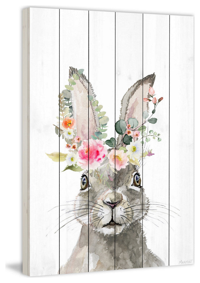 "Floral Crowned Hare" Painting Print on White Wood, 8x12