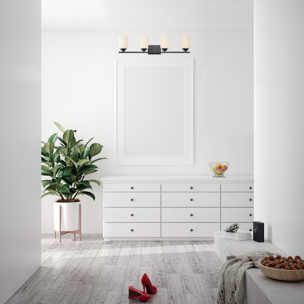 4-Light Matte Black Vanity With Etched White Glass Shades