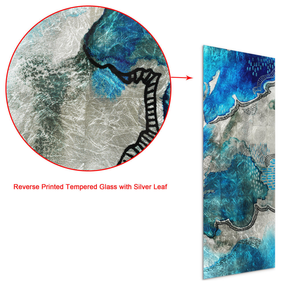 "Subtle Blues B" Abstract Wall Art Reverse Print Tempered Glass With Silver Leaf