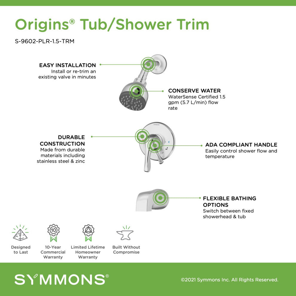 Origins Single Handle Tub & Shower Faucet Trim - 1.5 GPM (Valve Not Included), C