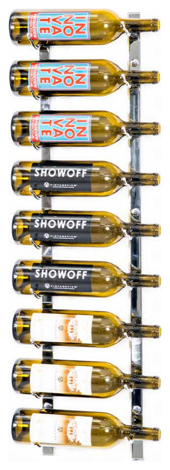 W Series Wine Rack 3 Wall Mounted Metal Bottle Storage, Chrome Luxe, 9 Bottles