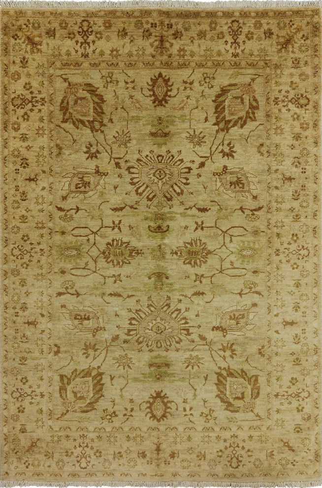 Oushak Ivory Peshawar Quality Chobi Hand-Knotted Wool Rug, 6'x9'