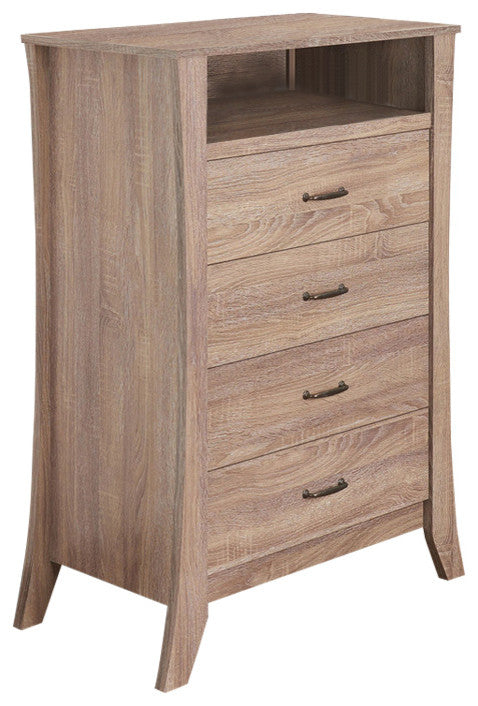 Wooden Chest with Four Drawers and One Open Shelf, Natural Brown