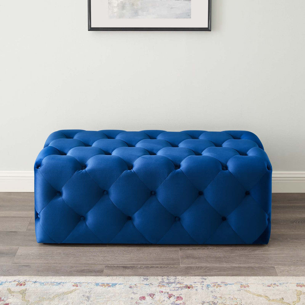 Tufted Accent Chair Bench, Velvet, Blue Navy, Modern, Living Lounge Hospitality
