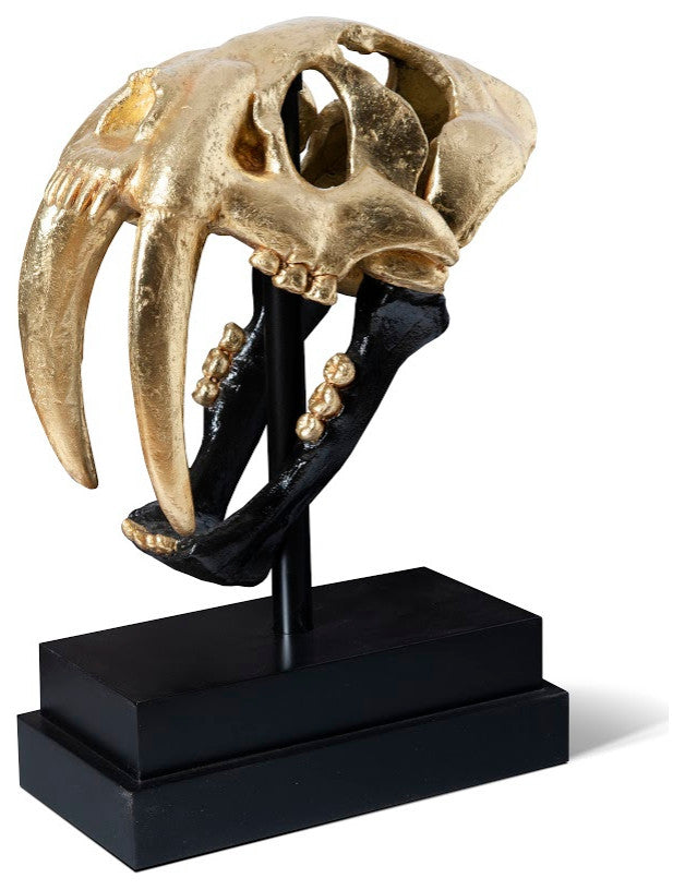 Saber Tooth Tiger Skull, Black, Gold Leaf