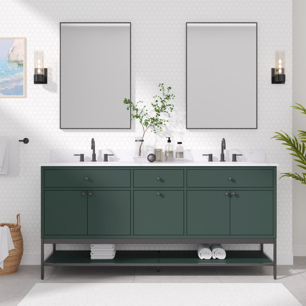 Paisley Vanity Combo, Cala White Engineered Top, 72", Everglade Green, Double Sink